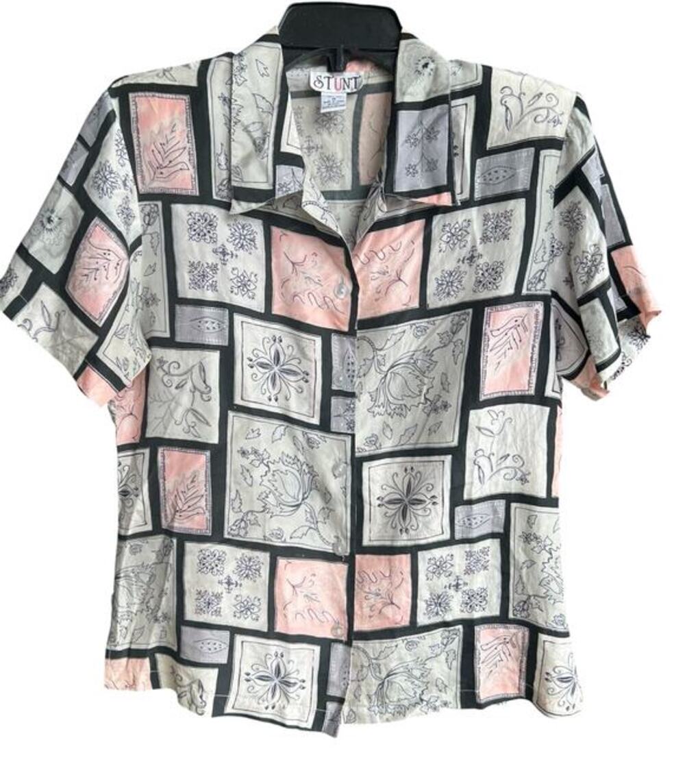 STUNT Vintage pure silk windowpane pastel print shoulder pads blouse sz M